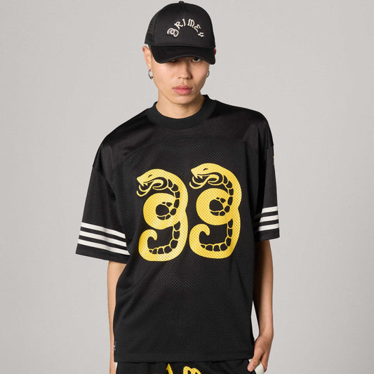 Camiseta de fútbol Grimey Droppin Science Mesh Boxy en negro, con diseño de malla y corte holgado, vista frontal en color negro