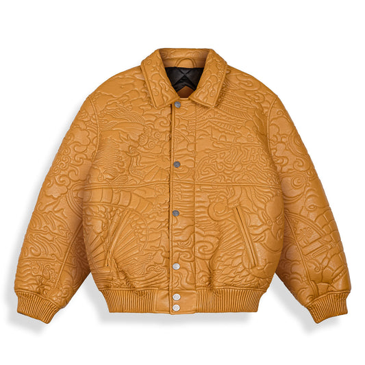 Chaqueta de cuero sintético marrón Hans Island de la marca Grimey, con detalles de diseño y cierre frontal visible.