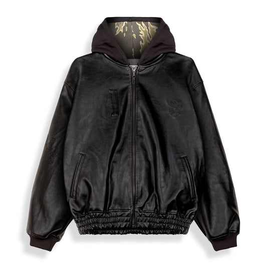Chaqueta de cuero negro con capucha Odd Cutlass de la marca Grimey, con detalles de diseño y cierre frontal.