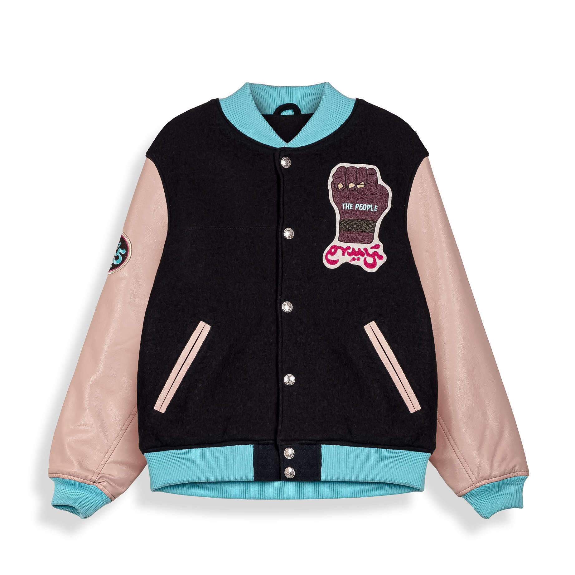 Chaqueta de baseball negra Grimey Day Dreamer con detalles de manga y costuras en la imagen.