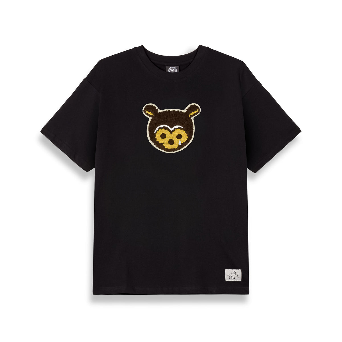Camiseta negra Grimey Mud'S The Residence Bear con diseño de oso, camiseta de manga corta y estilo casual.