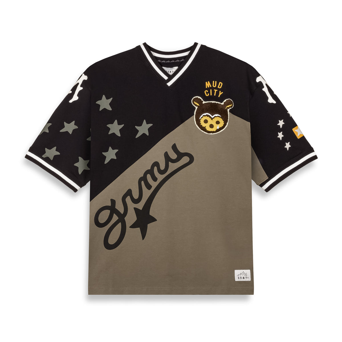 Camiseta negra de manga larga Mud'S The Residence de Grimey, estilo oversized con cuello en V, en un diseño moderno y cómodo.