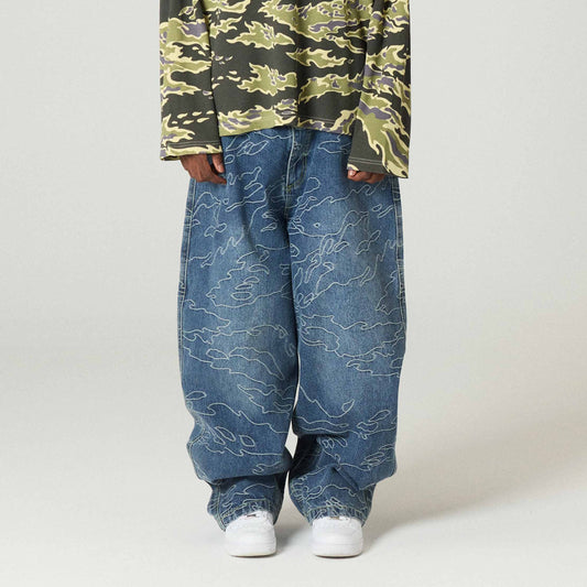 Pantalón de mezclilla gris lavado de estilo big boy de Grimey con patrón jacquard y corte odd cutlass.