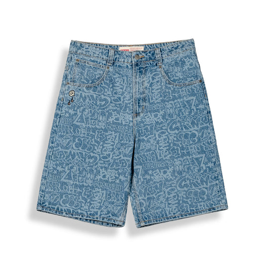 Stardust All Over Laser Baggy Washed Dark Blue Shorts