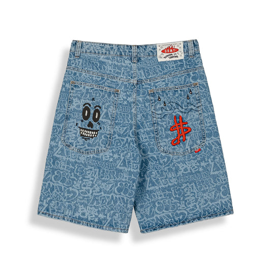 Stardust All Over Laser Baggy Washed Dark Blue Shorts