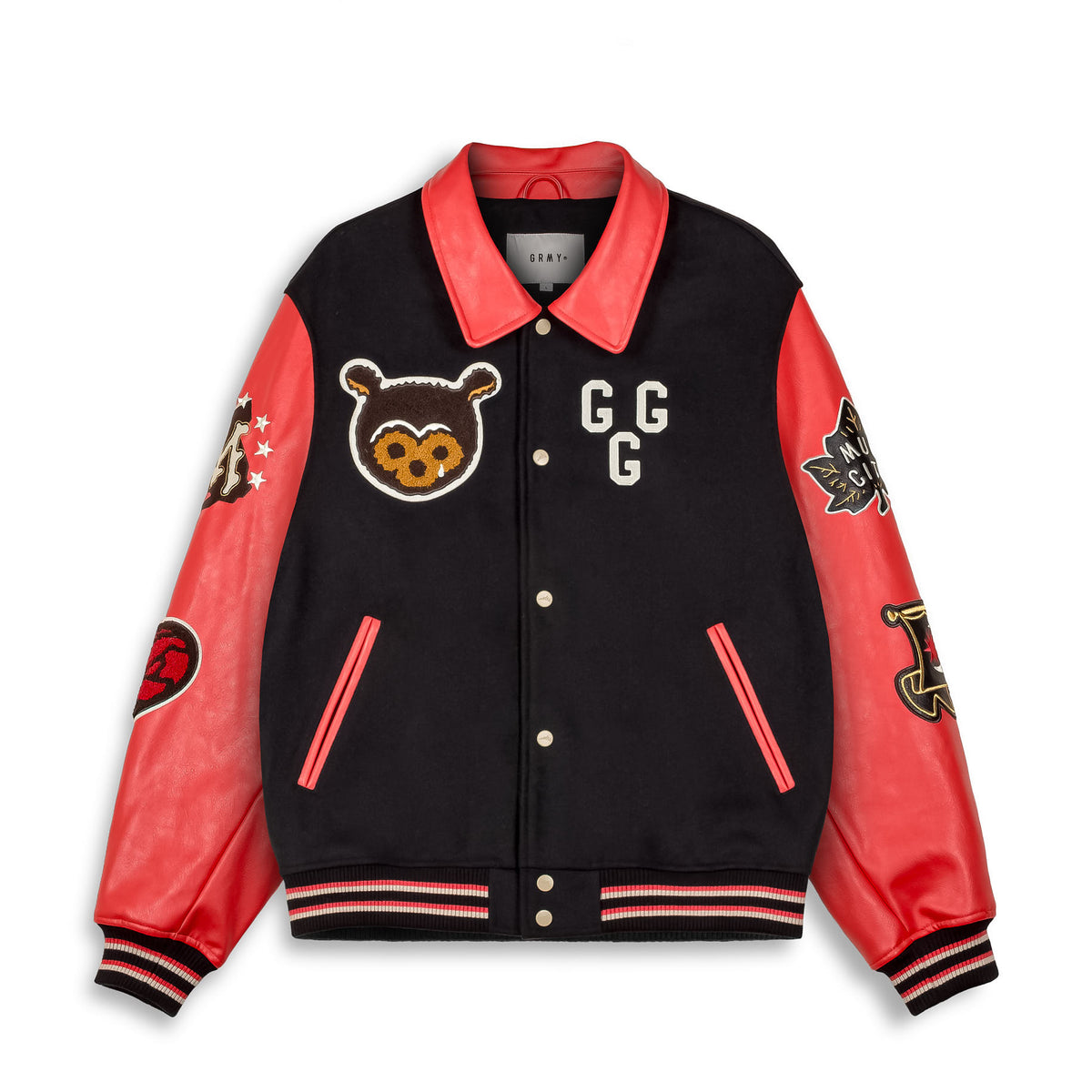 Chaqueta de béisbol negra Mud'S The Residence de la marca Grimey, con detalles de manga larga y logotipo en el frente.