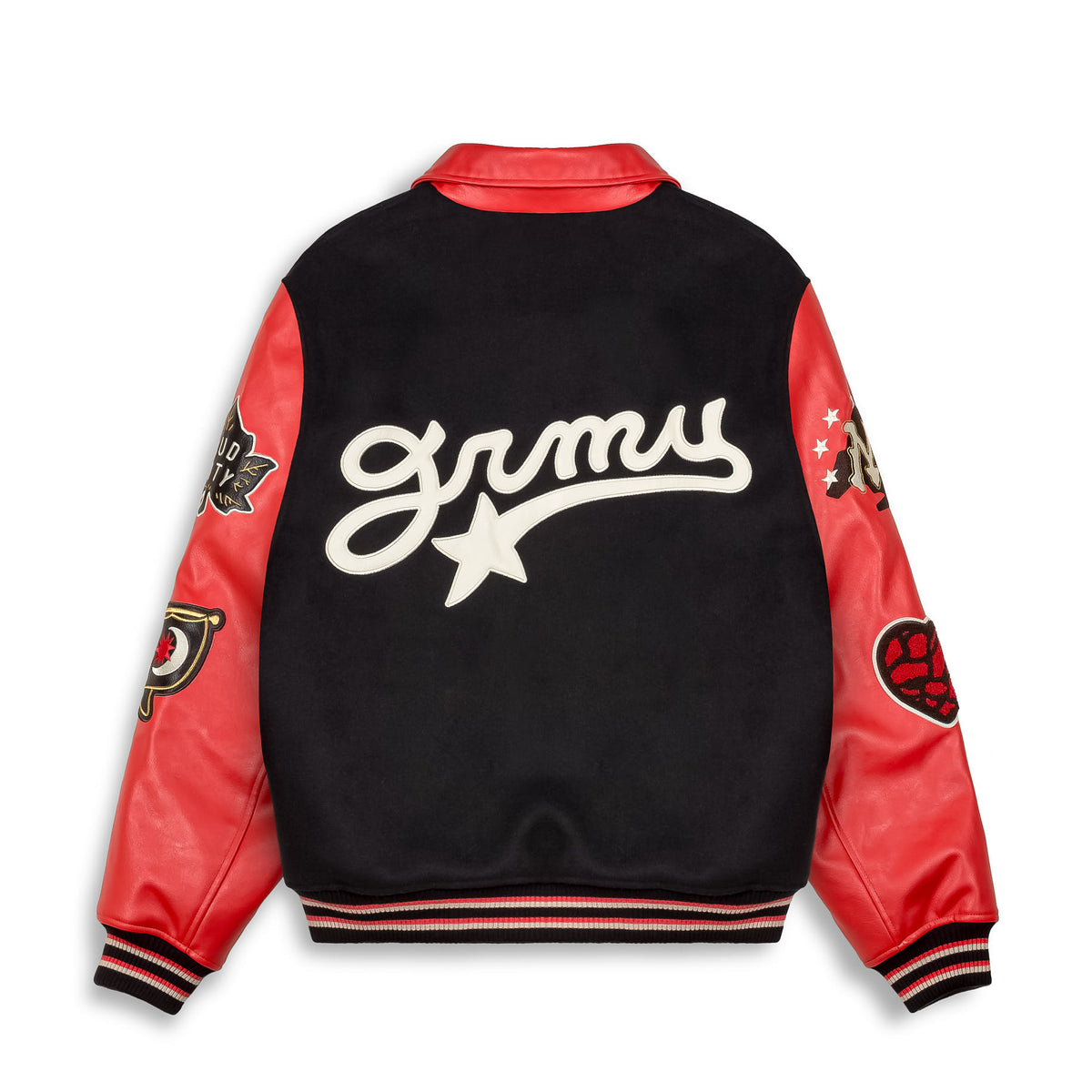 Chaqueta de béisbol negra Mud'S The Residence de la marca Grimey, con detalles en el diseño y estilo deportivo moderno.