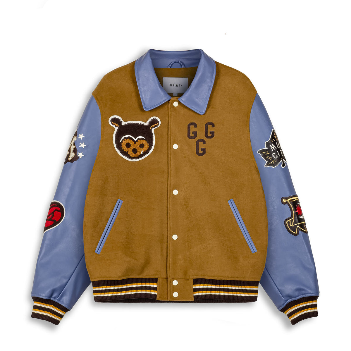 Chaqueta de béisbol de cuero marrón Mud'S The Residence de la marca Grimey, con detalles en tela y ajuste clásico.