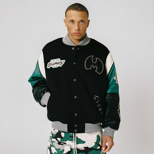 Chaqueta Tical X Grimey Baseball en negro, con diseño deportivo y logo de la marca Grimey visible en la parte frontal.