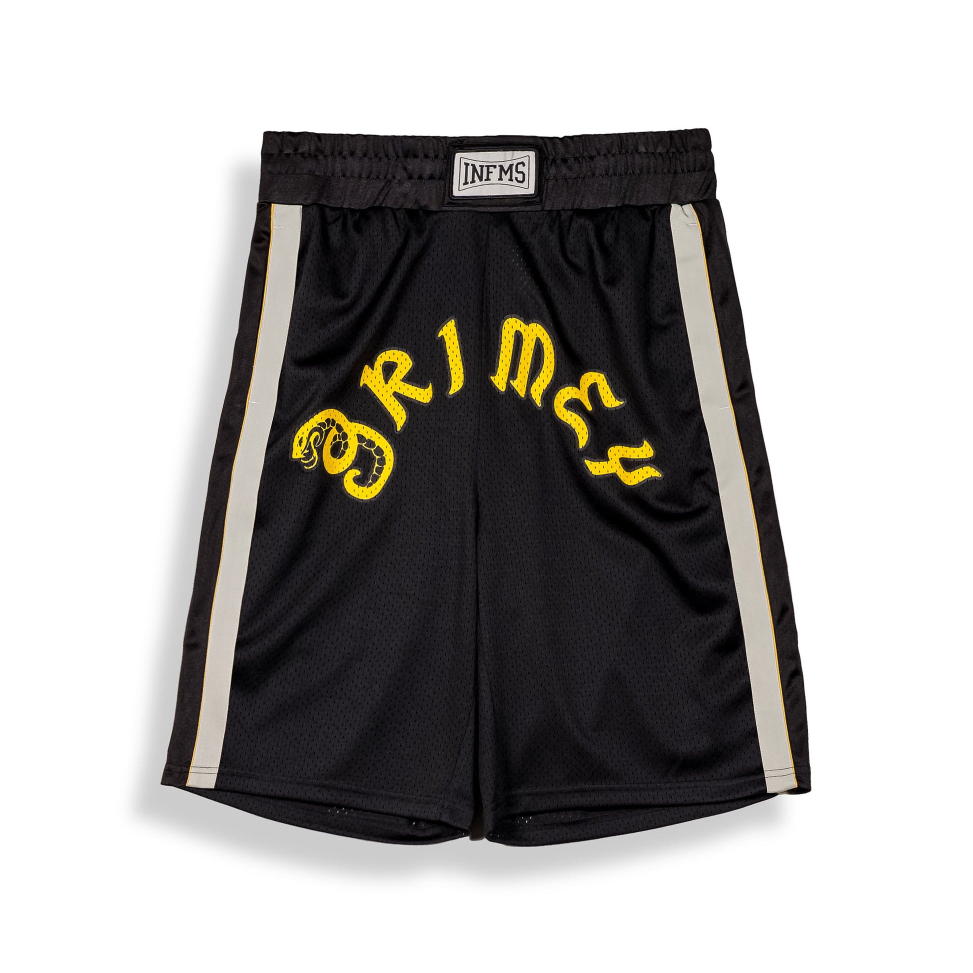 Pantalón corto baggy negro de malla Droppin Science de la marca Grimey, con estilo relajado y diseño deportivo.