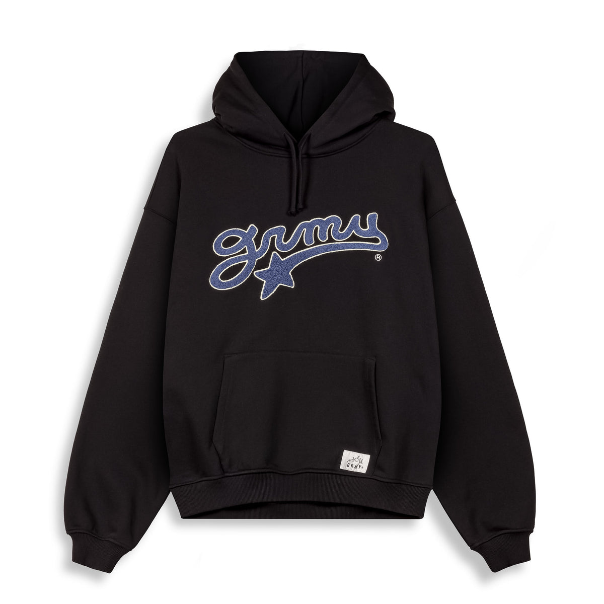Sudadera negra boxy de la marca Grimey, modelo Mud'S The Residence Madrid, con diseño moderno y confortable.