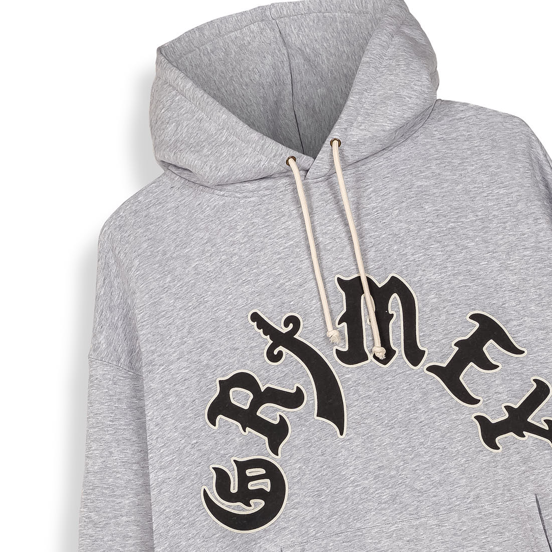 Sudadera gris sport boxy Odd Cutlass de Grimey con detalles en el diseño, vista frontal de la prenda.