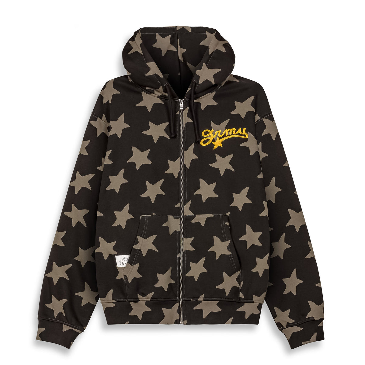 Sudadera negra Grimey Mud'S The Residence con capucha y diseño moderno, vista frontal sobre fondo blanco.
