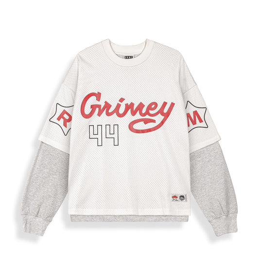Camiseta de manga larga Sho Nuff Long Mesh de color blanco roto, de la marca Grimey, con diseño de malla transpirable.