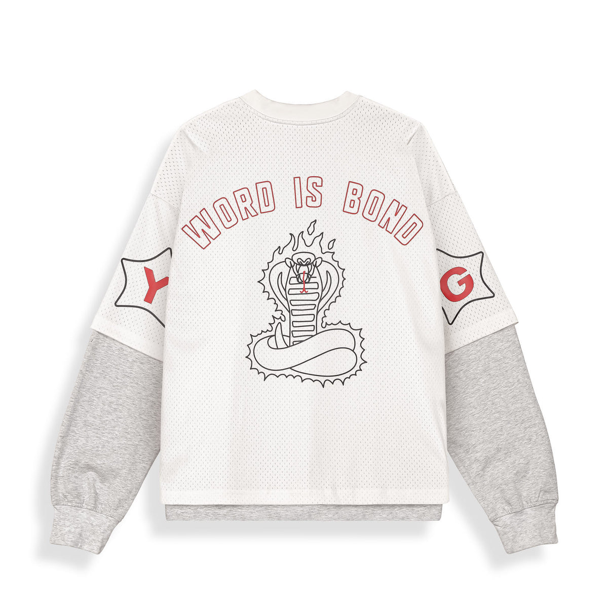 Camiseta de manga larga gris claro de la marca Grimey, estilo mesh, con diseño largo y corte ajustado en color off white.