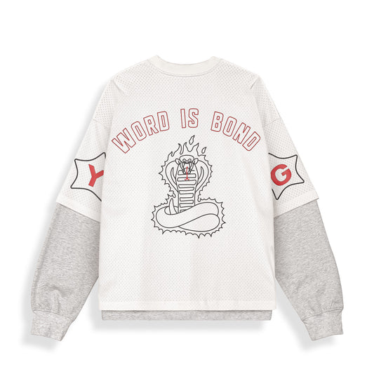 Camiseta de manga larga gris claro de la marca Grimey, estilo mesh, con diseño largo y corte ajustado en color off white.