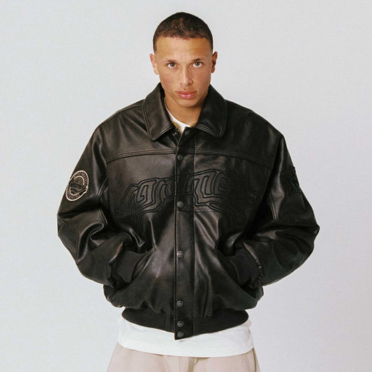 Chaqueta de cuero sintético Wild One de Grimey en tono marrón lavado, estilo casual con detalles en la vista frontal.