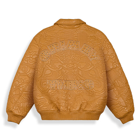 Chaqueta de cuero sintético marrón Hans Island de Grimey, con diseño elegante y detalles en cuero PU para mujer.