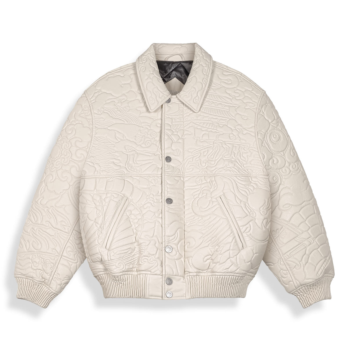 Chaqueta de cuero sintético off white Hans Island de la marca Grimey, con diseño moderno y detalles en la imagen.