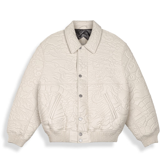 Chaqueta de cuero sintético off white Hans Island de la marca Grimey, con diseño moderno y detalles en la imagen.