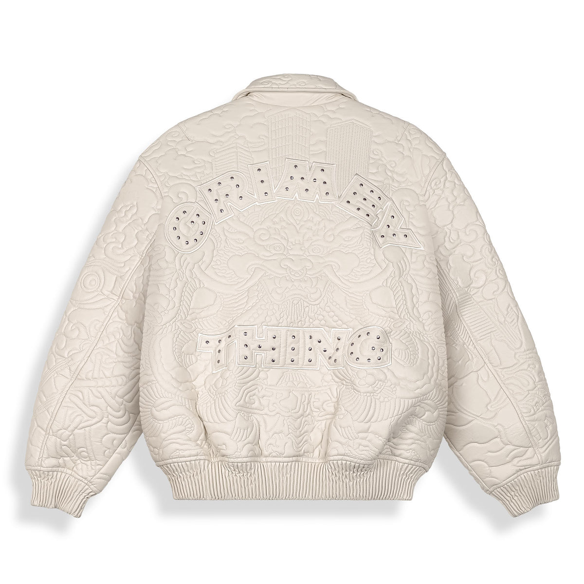 Chaqueta de cuero sintético blanca off-white para mujer de la marca Grimey, estilo casual y moderna, vista frontal.