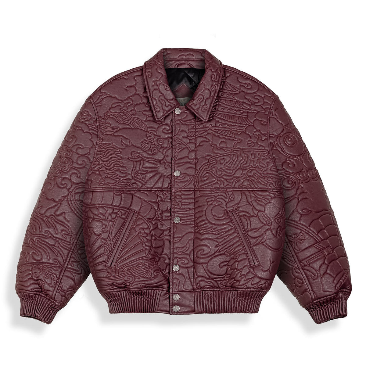 Chaqueta de cuero sintético púrpura Hans Island de Grimey, con cierre y detalles en el diseño, vista frontal.