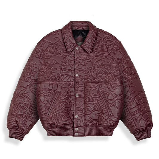 Chaqueta de cuero sintético púrpura Hans Island de Grimey, con cierre y detalles en el diseño, vista frontal.