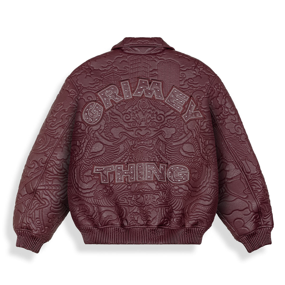 Chaqueta de cuero sintético púrpura Hans Island de Grimey, con diseño moderno y detalles en la superficie.