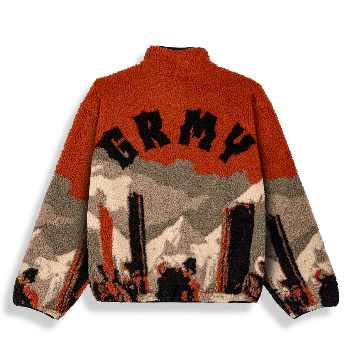 Chaqueta reversible The Props Sherpa de Grimey en color kaki, con forro de felpa suave y cierre frontal.