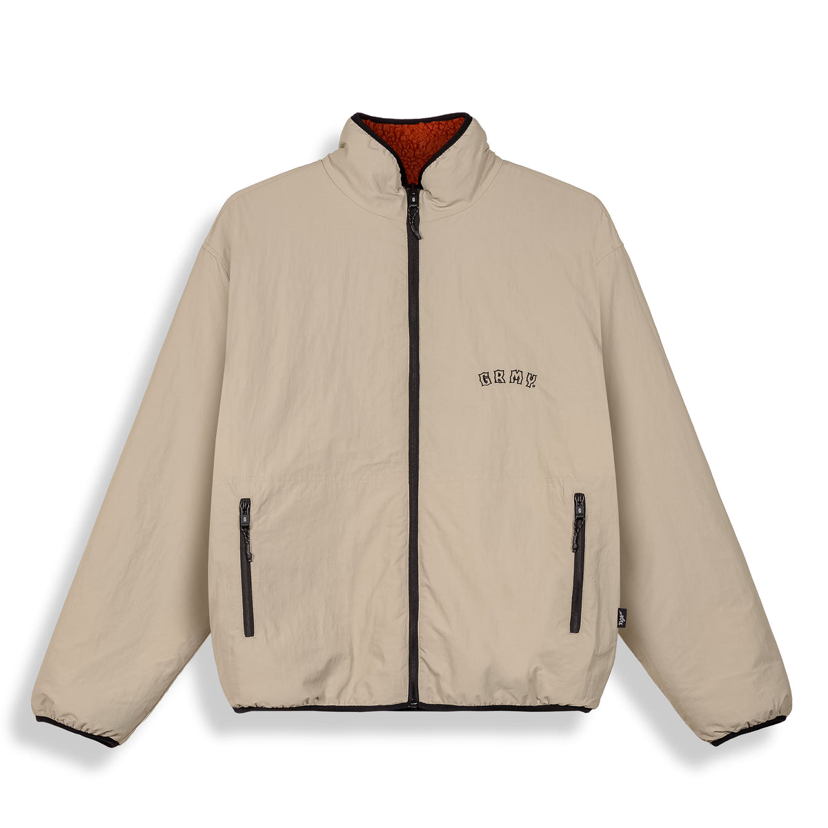 Chaqueta reversible The Props Sherpa de Grimey en color kaki, con textura de forro sherpa y diseño versátil para clima frío.