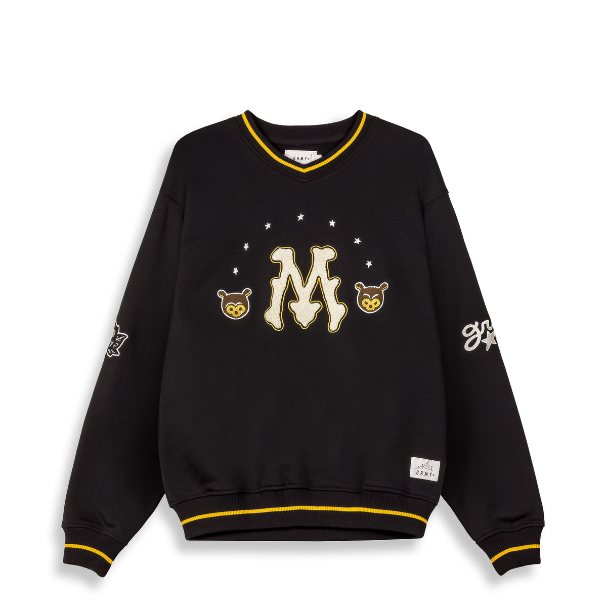 Sudadera negra Grimey Mud'S The Residence con cuello en V, vista frontal, de tela suave y estilo casual.