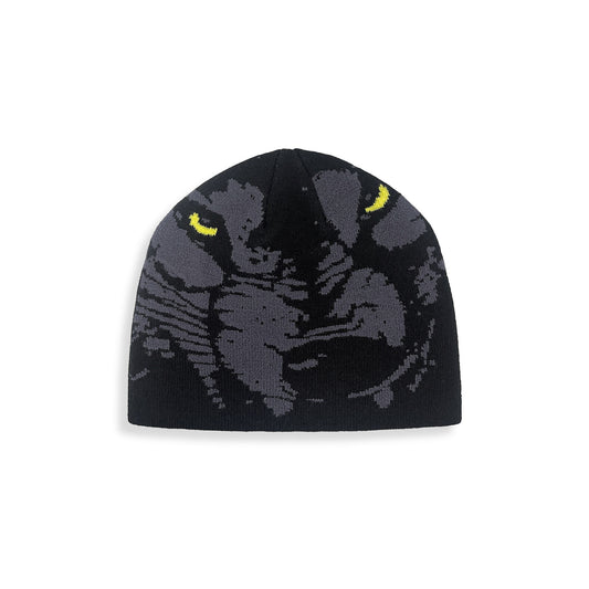 Gorro negro Wild One 2000S de Grimey, diseño urbano de punto con etiqueta de la marca.