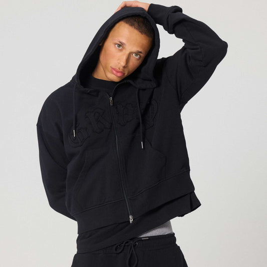 Sudadera ajustada negra Rise Above de la marca Grimey, con cierre y diseño moderno.