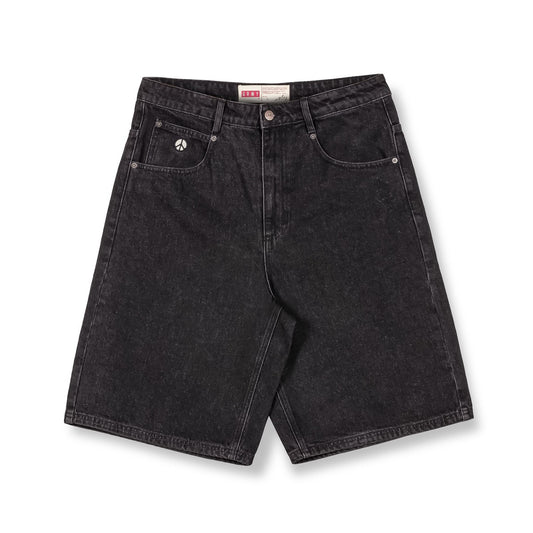 Grimey Peace Within The Watching Eyez Baggy Denim Shorts Washed Black