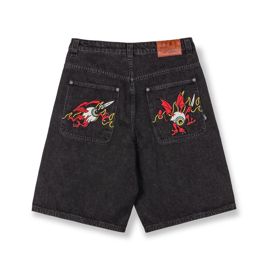 Grimey Peace Within The Watching Eyez Baggy Denim Shorts Washed Black