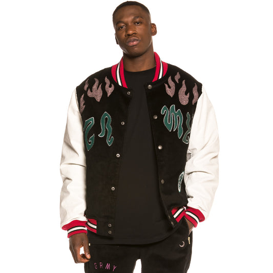 Grimey Yoga Fire Corduroy FW20 Schwarze Baseballjacke