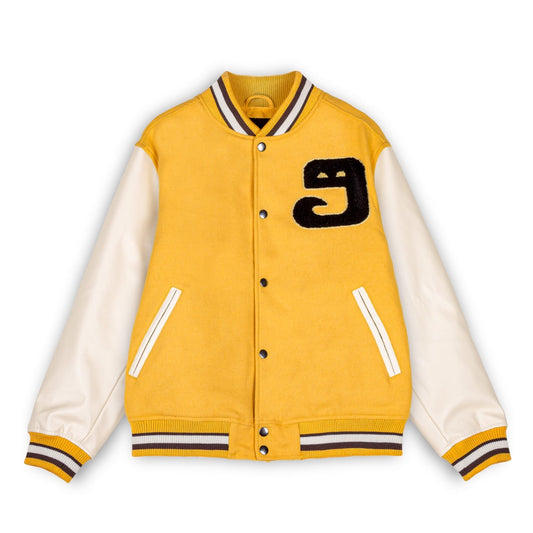 Chaqueta de baseball Grimey "LUST MANTRA" amarilla para otoño, estilo deportivo y moderno, vista frontal en la imagen.