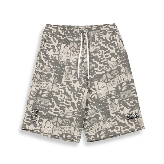 Grimey Peace Within All Over Print Baggy Sweatshorts Light Grey