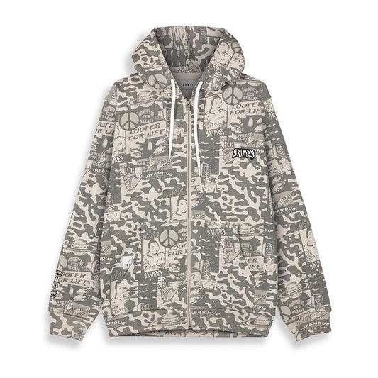 Grimey Peace Within All Over Print Regular Zipper Hoodie Light Grey