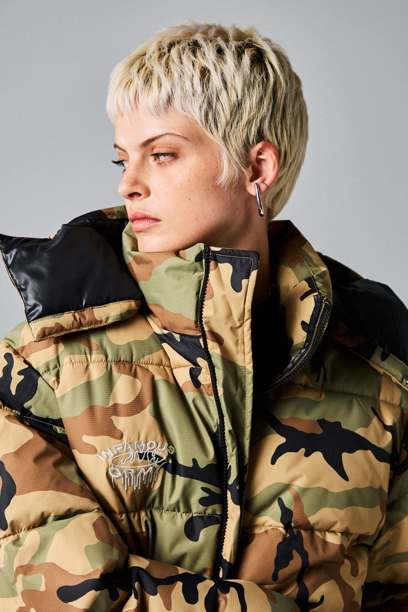 Grimey Follow The Dollar Camo Hood Puffer Jacket Brown Camo Camo