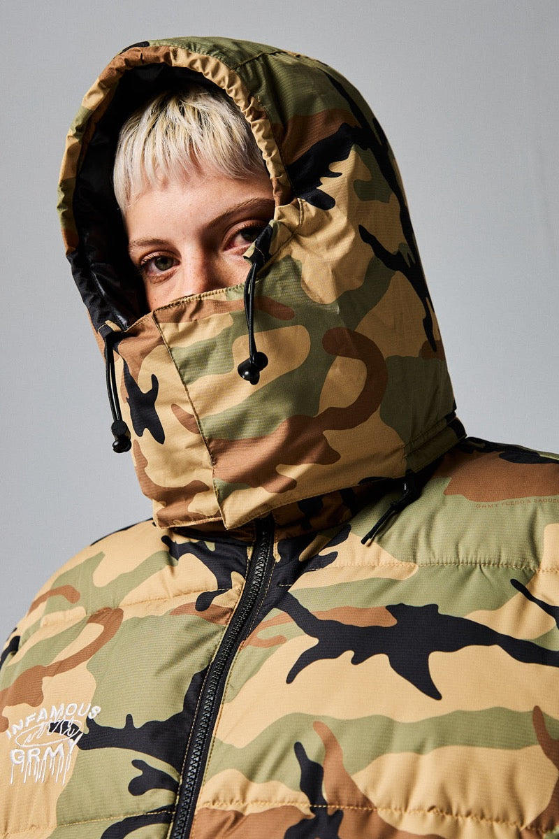 Grimey Follow The Dollar Camo Hood Puffer Jacket Brown Camo Camo