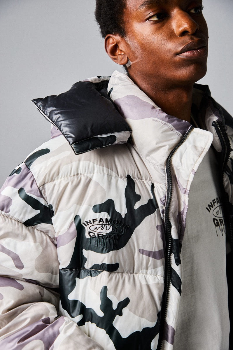 Grimey Follow The Dollar Camo Hood Puffer Jacket White Camo CAMO