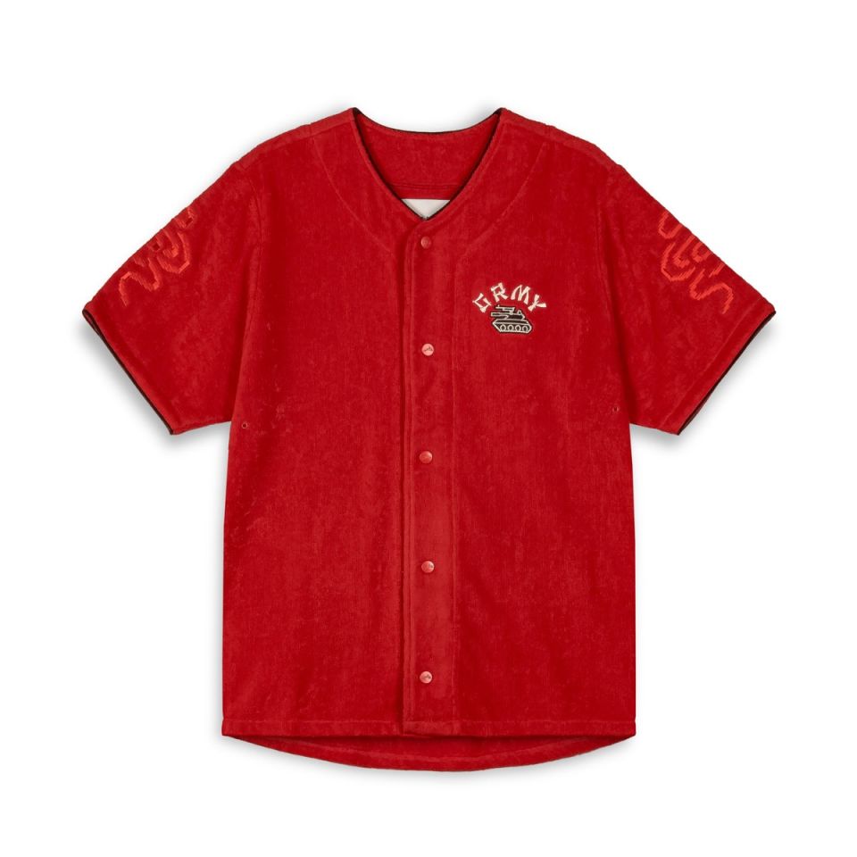 GRIMEY LUCKY DRAGON TERRY TOWELLING BASEBALL JERSEY - RED | SS24