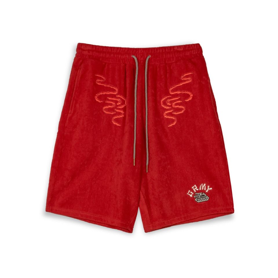 GRIMEY LUCKY DRAGON TERRY TOWELLING BAGGY SWEATSHORTS - RED | SS24