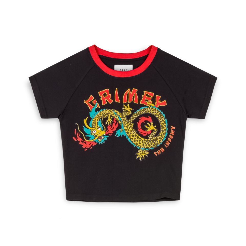 GRIMEY LUCKY DRAGON GIRL RAGLAN FITTED TEE - BLACK | SS24