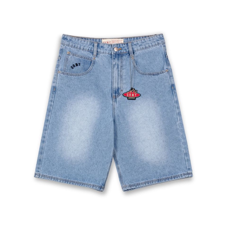 GRIMEY BURN IN FLAMES DENIM SHORTS - WASHED LIGHT BLUE | SS24